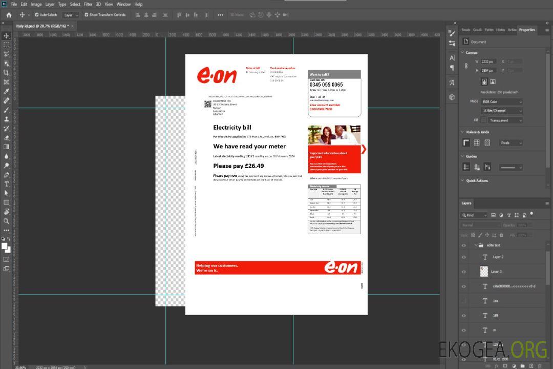 Royaume-Uni Modèle de facture de services publics E.ON aux formats Word et PDF, version 3 template